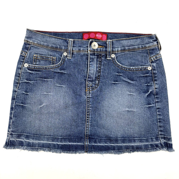 Vintage Y2K GLO Med Wash Rhinestone Raw Hem Stretch Denim Mini Skirt 5 28x12" - Picture 1 of 13